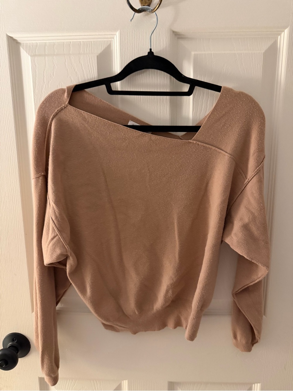 Line & Dot Taupe Off-Shoulder Long Sleeve Top